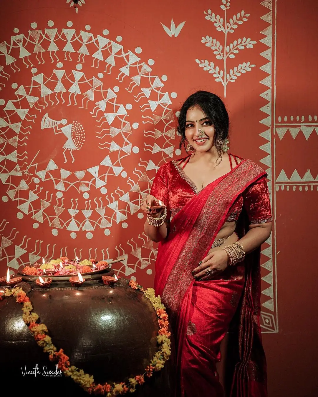 Malavika Menon In South Indian Traditional Red Saree Blouse